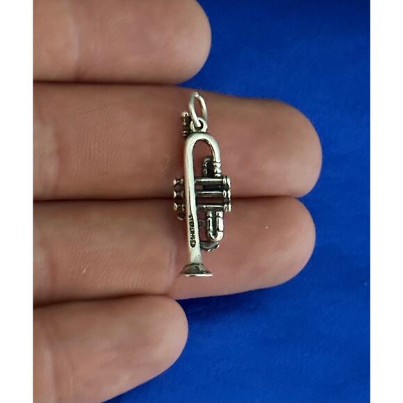 Sterling Silver 3D Trumpet Charm, Silver 3D Trumpet Pendant - Picture 3 of 5